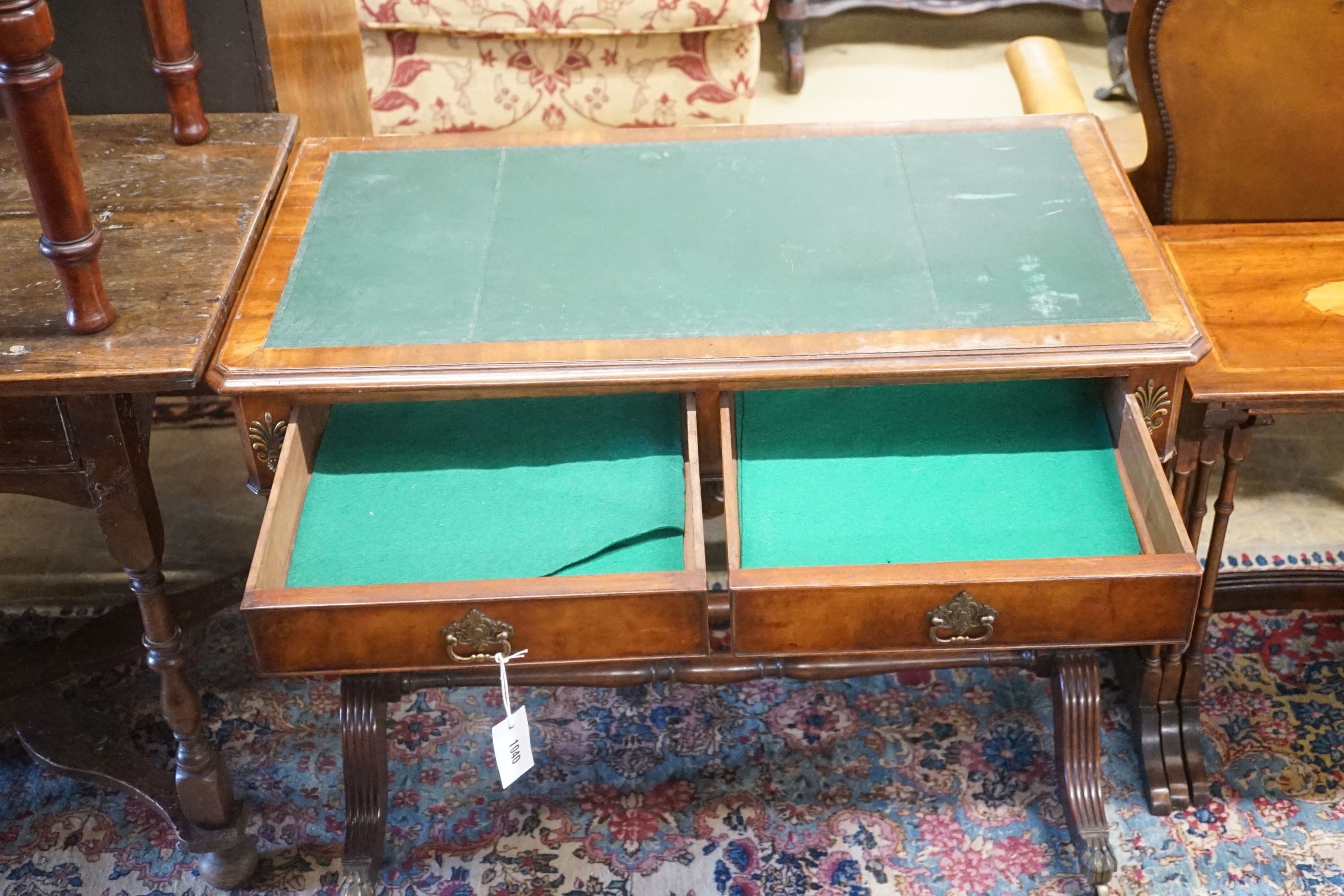 A Regency style rectangular mahogany writing table, width 89cm depth 50cm height 71cm